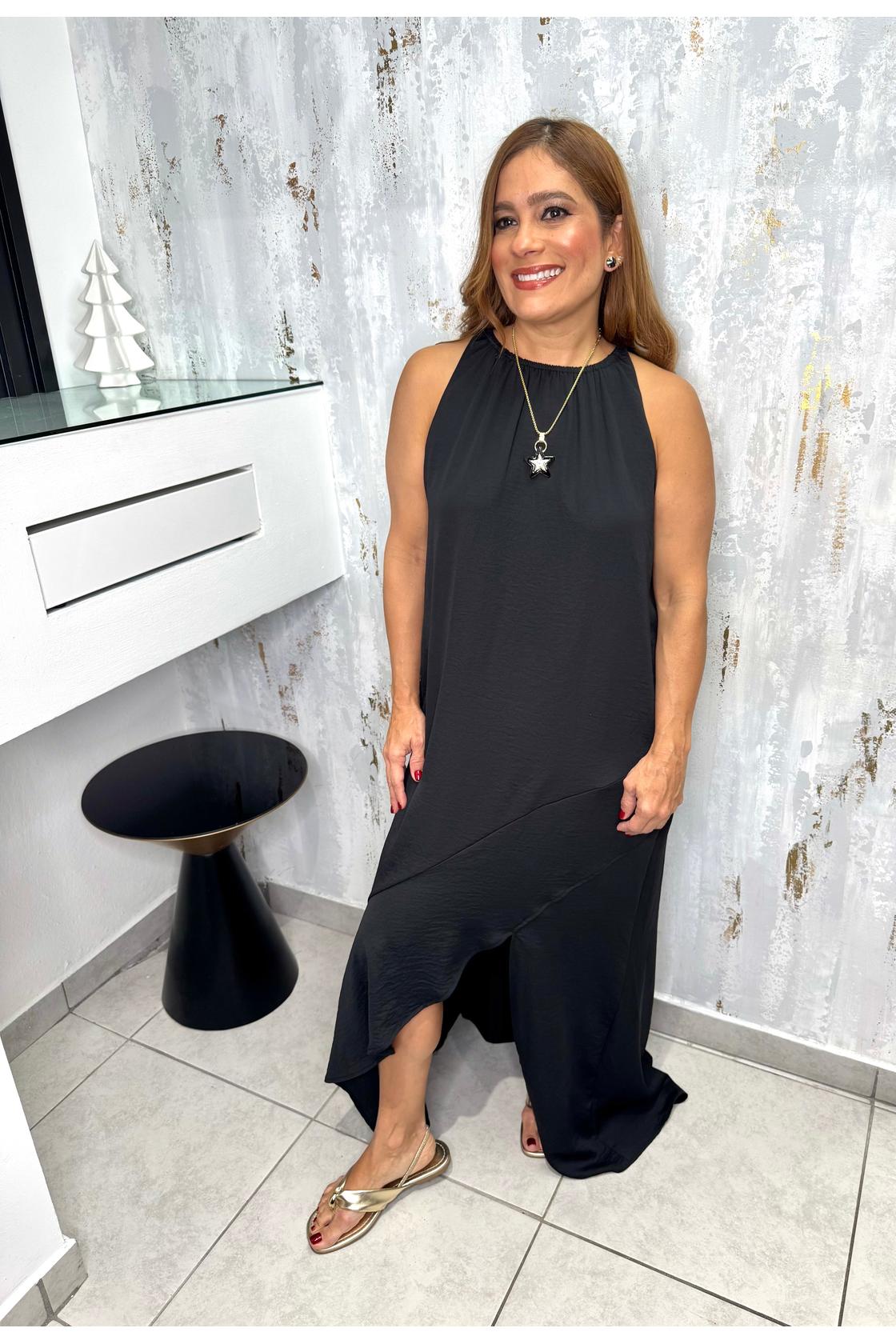 Satin Elastic High Neck Dress